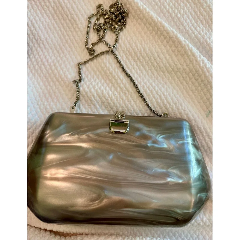 Vintage Silver Marbled Acrylic Hard Shell Evening  Bag w/Chain Strap Crossbody